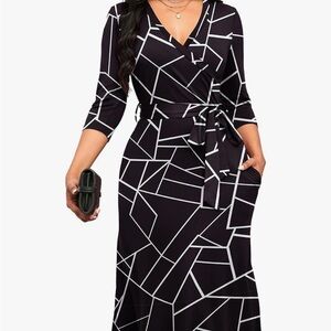 Runwind Midi Black and White Wrap Dress (NWOT)